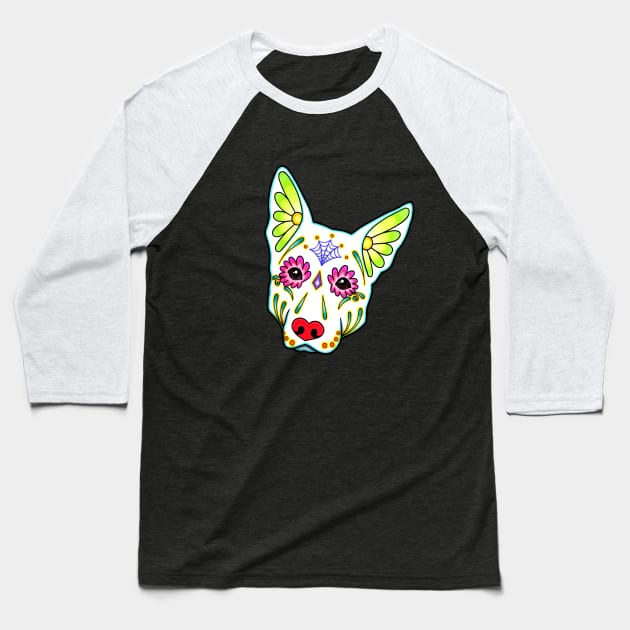 German Shepherd in White - Day of the Dead Sugar Skull Dog Baseball T-Shirt by prettyinink